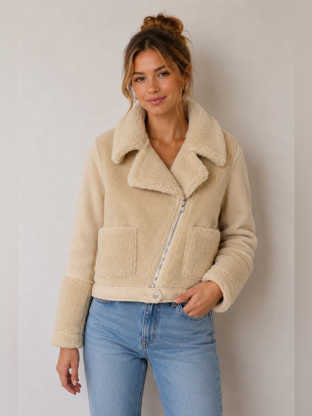 MINKPINK Faux Shearling Moto Jacket Cream Beige Teddy Lined XS/S Quiet Luxury